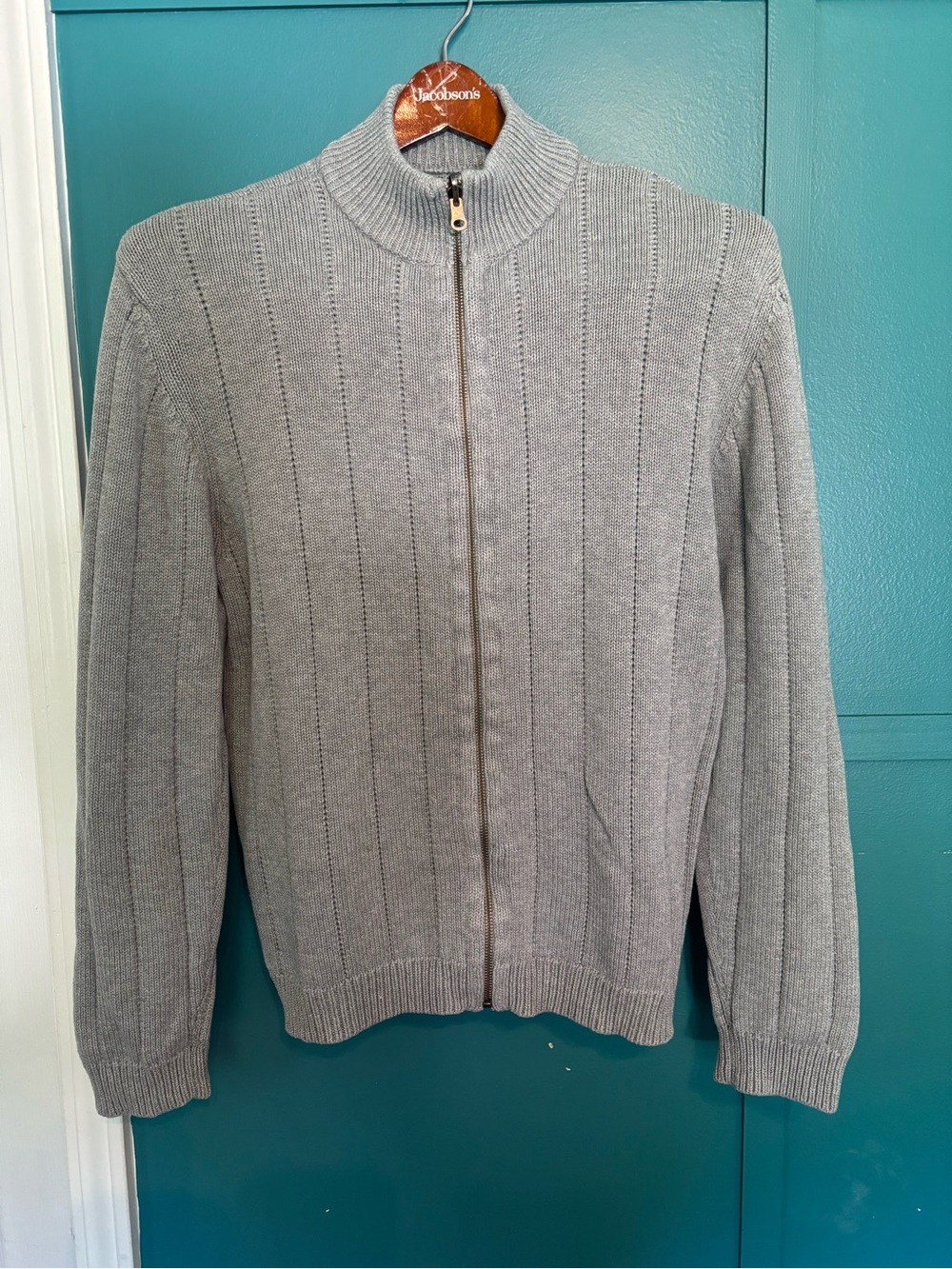 Guess Light Gray Ribbed Knit Full Zip Mock Neck Sweater 100% Cotton Size Small
